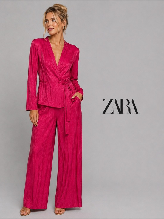Zara Jackets & Blazers - Zara Fuchsia Crinkle Effect Belted Blazer Size Small NWT